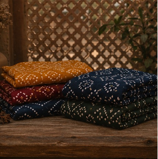 Folded hand-tied Bandhani fabrics in mustard, maroon, indigo and green on a wooden table