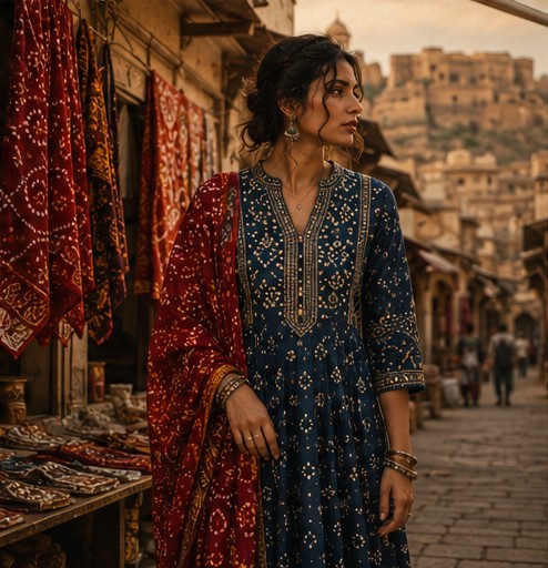 Woman in an indigo kurta with a red Bandhani dupatta in a Rajasthan textile market
