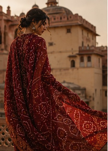 Woman in a maroon Bandhani drape outside a Jaipur palace