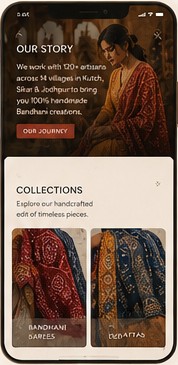 Mobile layout: Our Story with 120+ artisans across 14 villages, then Collections with Bandhani sarees and dupattas