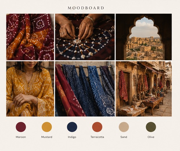Moodboard: Bandhani textile, artisan hands tying knots, Rajasthan architecture through an arch, a mustard garment, indigo and red textiles on a rail, a textile market street, and the six-colour palette