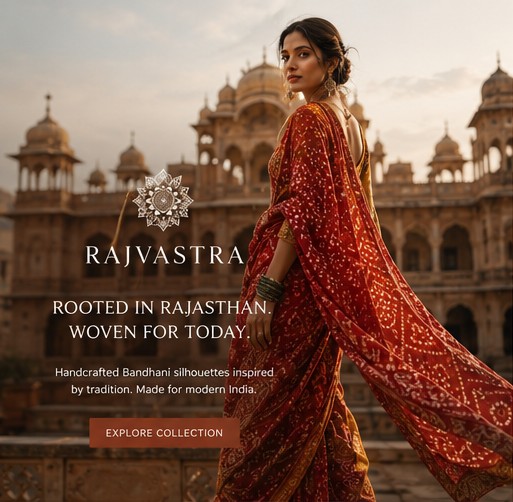 Campaign visual: woman in a red Bandhani saree before a palace, 'Rooted in Rajasthan. Woven for Today.'