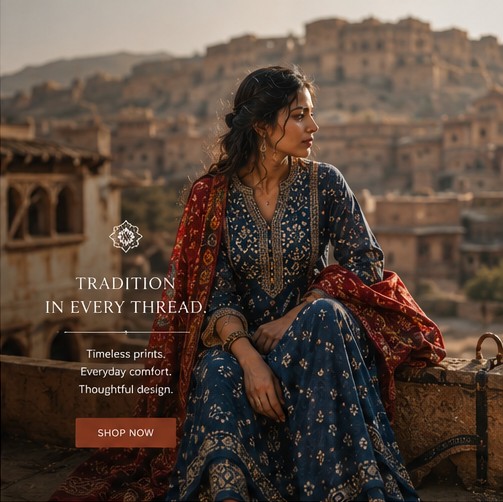 Campaign visual: woman in an indigo kurta above a Rajasthan town, 'Tradition in every thread.'