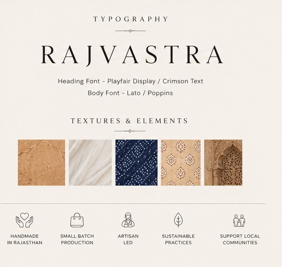 Typography and textures board: handmade paper, natural fabric, indigo Bandhani, block print and carved sandstone