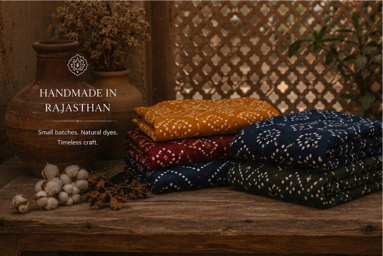Handmade in Rajasthan panel: folded Bandhani textiles, 'Small batches. Natural dyes. Timeless craft.'