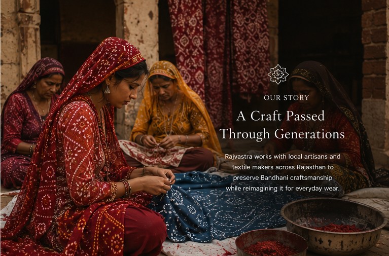 Our Story section design: artisans tying Bandhani, 'A Craft Passed Through Generations'