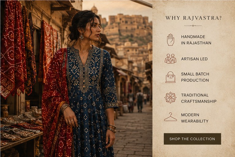 Why Rajvastra section design listing the five brand pillars beside a woman in an indigo kurta