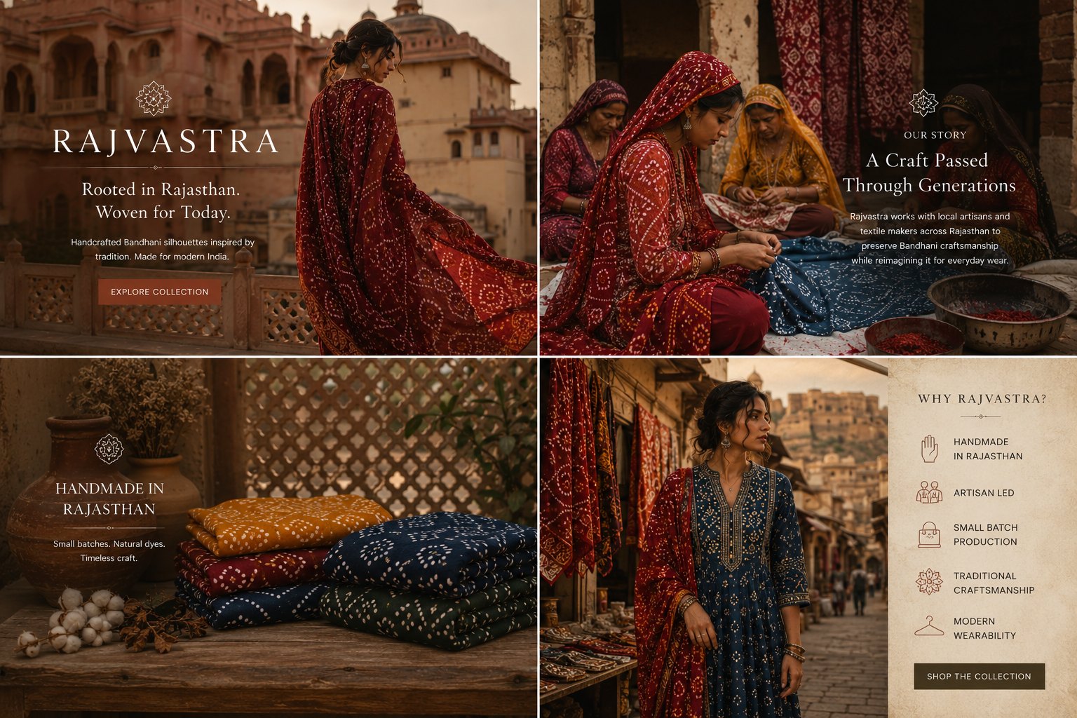 Landing-page section designs: hero, Our Story, Handmade in Rajasthan and Why Rajvastra